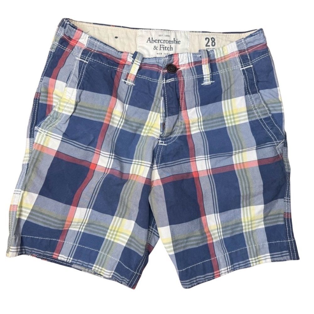 Abercrombie & Fitch Men’s Blue Plaid Chino Shorts Button Fly Size 28